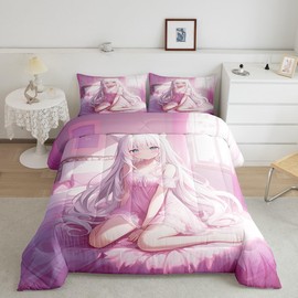 Erosebridal Queen Size Japanese Anime Comforter Set for Kids, Anime Girl Bedding Set Kawaii Japanese Style Quilt Cartoon Japan Animation Duvet Insert for Boys Teens Adult Women Bedroom, Pink