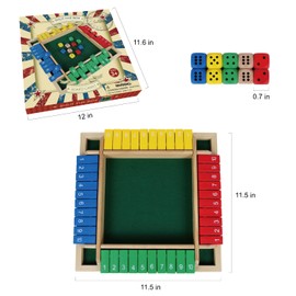 GOTHINK 12 inch Shut The Box Dice Game with 10pcs Dices Colorful Traditional Wooden Table Math Board Game 10 Numbers for Kids Adults, Family Classroom Home or Pub Bar 1-4 Players