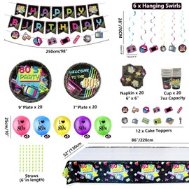 Hegbolke 80s Party Supplies - Back to the 80s Party Decorations Set Including Hanging Swirls, Plates, Cups, Napkins, Tablecloth, Banner, Balloons - Serves 20