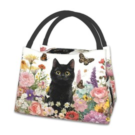 Cute Black Cats Kids Insulated Lunch Bag, Flowers Reusable Lunch Tote Bag for Women Men Adult Leakproof Portable Lunch Box Cool Bag for Work School Picnic Camping