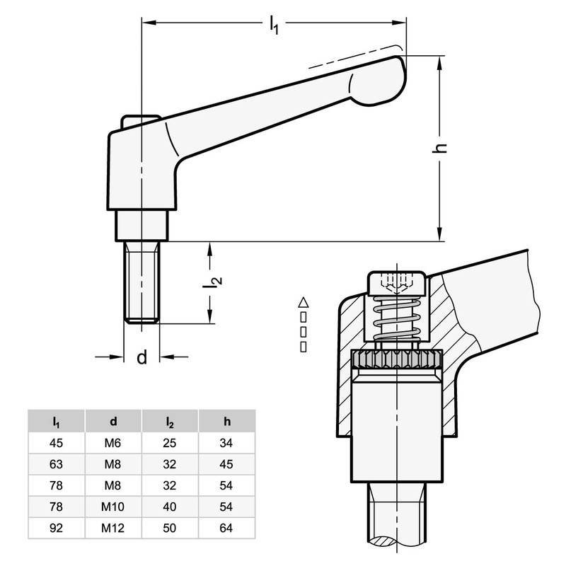 Ganter Normelemente Adjustable clamping lever with threaded screw, GN 300.5-63-M8-32-IS,