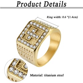 Oidea Mens Rings - Christian Cross Ring for Men, Stainless Steel Square Signet Ring Band Religious Diamond Ring Prayer Wedding Statement Biker Cocktail Party Ring Jewelry Gift, Gold, Size 8