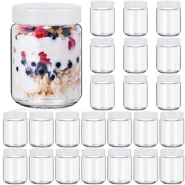 Baderke 24 pcs Clear Glass Jars with Plastic Lids for Yogurt Maker Reusable Glass Mason Jars Glass Canning Yogurt Container Yogurt Jars for Greek Yogurt Machine Jam Spices Herbs Food storage (8 oz)