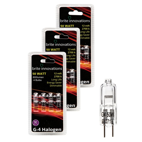 Brite Innovations G4 Halogen Bulb, 50 Watt (12 Pack) Dimmable Soft White 2700K -12V-Bi Pin -, T3 JC Type, Clear Light Bulb
