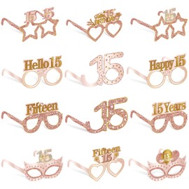 24PCS 15th Birthday Paper Eyeglasses Decorations for Girls Women, Pink Rose Gold Sweet 15 Birthday Quinceanera Decoration Eyeglasses Party Supplies, Funny Fifteen Year Old Birthday Glasses Decor