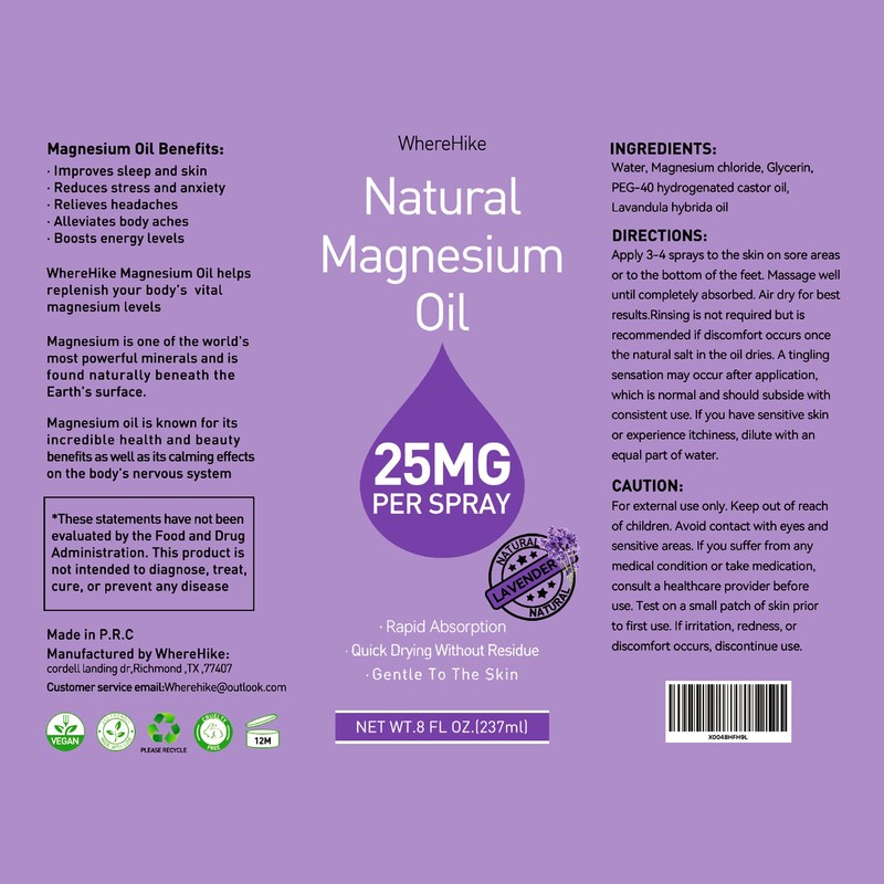 WhereHike Magnesium Spray, Pure Magnesium Oil Spray for Feet,Ideal Gift
