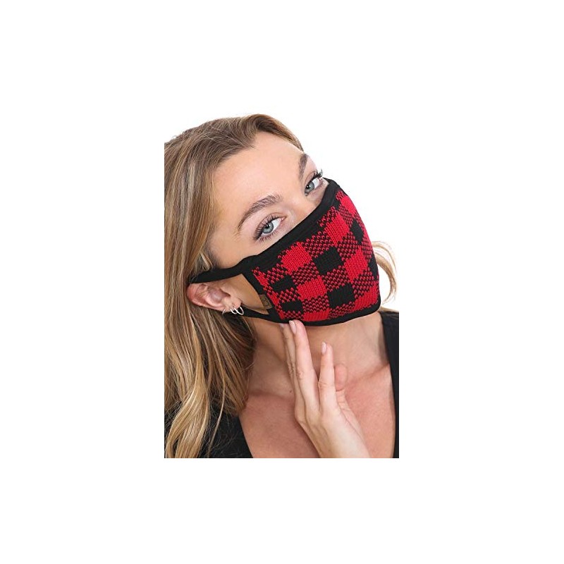 C.C Reusable Washable Knit Pattern Face Mask, Knit Plaid Red/Black,
