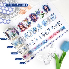 Floral Washi Tape Set, 13 Rolls Blue Washi Tapes for Bullet Journaling, Scrapbooking, 5 Sizes Flower, Letter, Number Masking Tapes for Planners, DIY Crafts, Gift Wrapping, Party Decorations