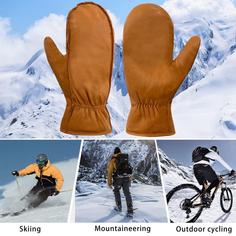 Harssidanzar Mens Winter Gloves,Leather Mitten Glove Thermolite Lined, Tan S