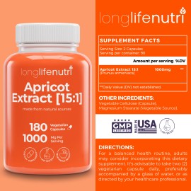LongLifeNutri Apricot Extract 1000mg for Natural Vitality, 3-Month Supply, Made in USA