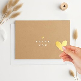 ThreeKin Collective 25-Pack Thank You Cards with Envelopes - Elegant 3.5” x 5” Folded Kraft Paper with Real Gold Foil Stamp | Wedding, Engagement, and Baby Shower Stationery, USA Business
