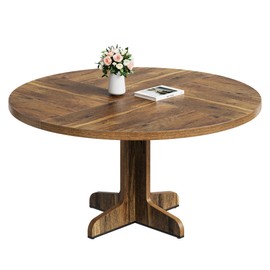GarveeHome Round Dining Table for 4, 47 Inch Farmhouse Kitchen Table with Wood Tabletop and Stable Base, Circle Dinning Room Table for Home Dining Room Living Room, Brown (Only Table)