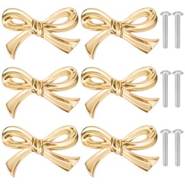 6pcs Bow Shape Cabinets Knobs, Brass Bow Furniture Door Pulls Vintage Gold Drawer Knobs Decorative Bow Dresser Handle Gold Bow Hardware for Dresser Home Kitchen Cupboard Drawer Wardrobe Pulls