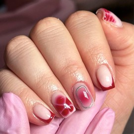French Tip Press on Nails Short Fake Nails with Designs Flower Glue on Fingernails Square Shaped False Nails Red Gradient Acrylic Nails Glossy Artificial Nails Full Cover Stick on Nails for Women