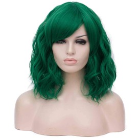 Mildiso Mildiso Dark Green Wigs for Women Short Curly Wavy Bob Wig with Bangs Green Hair Wig with Wig Caps Cute Colorful Synthetic Wig for Daily Party M073