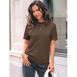 LILLUSORY Spring Sweater Short Sleeve Shirts for Women Work Tops Business Casual Summer Dressy Outfits Professional Clothes Coffee M