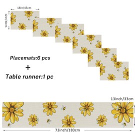Emvency Floral Table Runner and Placemats Set of 6, Spring Summer Yellow Flowers Bee Decorations for Indoor Outdoor Dining Decor(1 Table Runner 72 inches Long and 6 Placemats)
