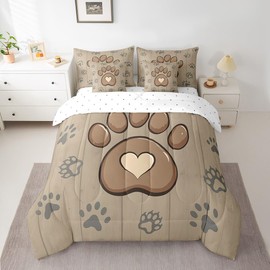 Erosebridal Twin Dog Paw Bed in A Bag for Kids Boys Girls,Cartoon Foot Print Bedding Sets 7pcs,Cute Animal Comforter,Wooden Plank Bed Sets with Sheet Set,Pillow Cases,Cushion Covers