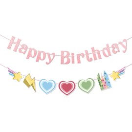 Power Girls Happy Birthday Banner, Pink Girls Party Decorations Pre-Strung Heart Cartoon Birthday Garland Cute Hanging Ornaments for Kids Girl Birthday Party Supplies Baby Shower Decor