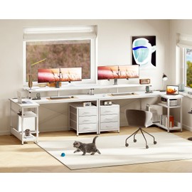 AODK L Shaped Computer Desk with Power Outlets & 3 Cloth Drawers, 79 Inches Reversible Office Desk with Shelves & Monitor Stand, Corner Desk with USB Ports, Study Desk Writing Table for Bedroom, White