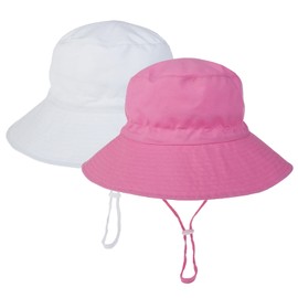 LO SHOKIM Baby Sun Hat 2 Pack Toddler UPF 50+ Summer Sun Protection Wide Brim Bucket Hat Baby Girl Beach Hat Boy Kids Adjustable Cap Summer (White + Pink, S)