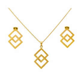 14K Gold Plated Matte Geo Minimal Square Stud Earrings Necklace Set, Sterling Silver
