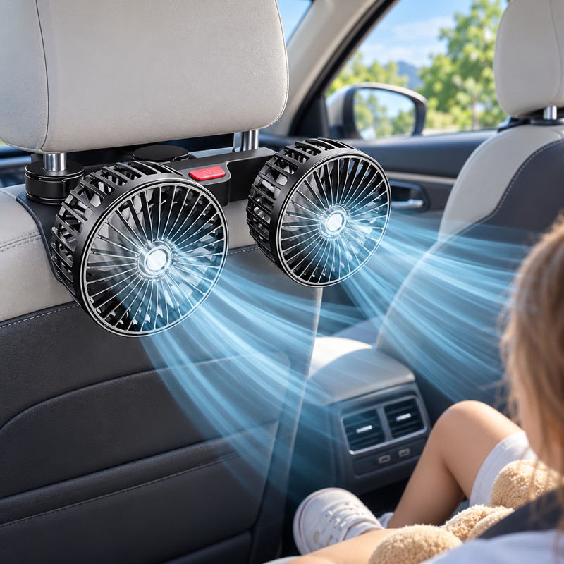 Dual Head Car Fan for Rear Seat Cooling – 3-Speed