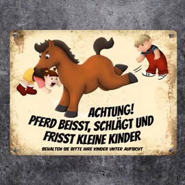Metal Sign with Horse Motif and Saying "Achtung! Pferd beisst schlägt und frisst kleine Kinder [German Language]