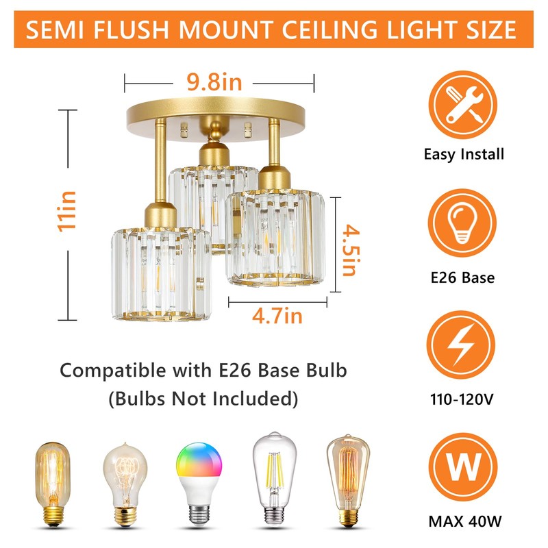 PAUFUL Modern Semi Flush Mount Ceiling Light,3-Light Golden Crystal Close