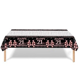 137*274cm Black Rose Gold 21st Birthday Table Cloth 21st Party Table Decorations,21st Birthday Tablecover Black Rose Plastic Disposable Waterproof Table cover for Girl,Women,Her Birthday Party Decor