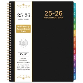 2025-2026 Appointment Book/Planner - 2025-2026 Academic Planner Large 9" x 11", July 2025 - June 2026, Daily Hourly Planner with 30-Minute Interval, Weekly Monthly Planner, Colorful Monthly Tabs, Inner Pocket - Black