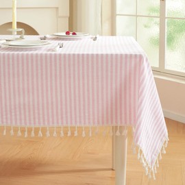 meioro Striped Tassel Table Cloth Square Kitchen Tablecloth, Pink, 90×90cm