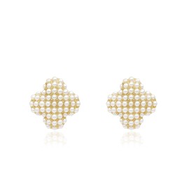 QUKE Golden Four-leaf Clover Simulated Pearl Stud Earrings Elegant Pierced Earrings for Women Girls