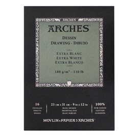 Arches Drawing Pad 9x12-inch Extra White 100% Cotton Drawing Paper - 16 Sheets of Arches 110lb Drawing Paper for Artists - Drawing Paper Pad for Graphite Pencil Charcoal Pastel Calligraphy and More