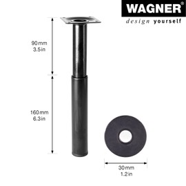 WAGNER Telescopic Furniture Leg / Table Leg / Adjustable Foot Diameter 30 x 160 - 250 mm, Screw-On Plate 60 x 60 mm, Extendable, Industrial Steel Powder-Coated Black Matt - 12182801