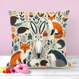 The Beach Stop Decorative Woodland Animal Themed Accent Cushion Cover | Bunny Rabbit Fox Hedgehog Unique Home Decor Inspo | Gift Idea | 45x45cm 18x18” | Woodland Themed