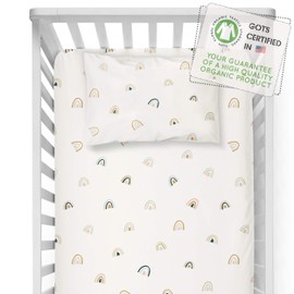 MakeMake Organics Organic Crib Sheet GOTS Certified Organic Cotton Crib Sheet Fitted with Pillowcase Ultra Soft Breathable Natural Dyes Hypoallergenic Neutral Unisex Crib Sheet (Rainbow)