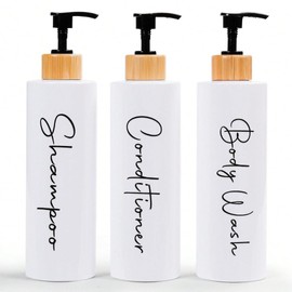 Set of 3 Hand Soap Dispensers, Hand Gel, Conditioner and Shampoo for Bathroom, 500 ml Each, Soap Dispenser Set, Bathroom Soap Dispensers with Bamboo Pump, White