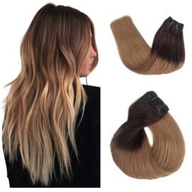 Blonde Clip in Hair Extensions Skin Weft Remy Brazilian Hair Extension 18" 7Pcs 120g Ombre Medium Brown to Strawberry Blonde Highlighted Full Head Straight Soft Thick for Women(#4T27)