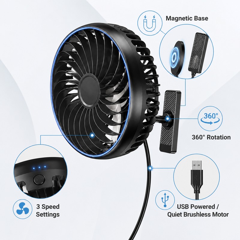 Portable USB Car Fan for Vehicle Cooling – 360° Adjustable