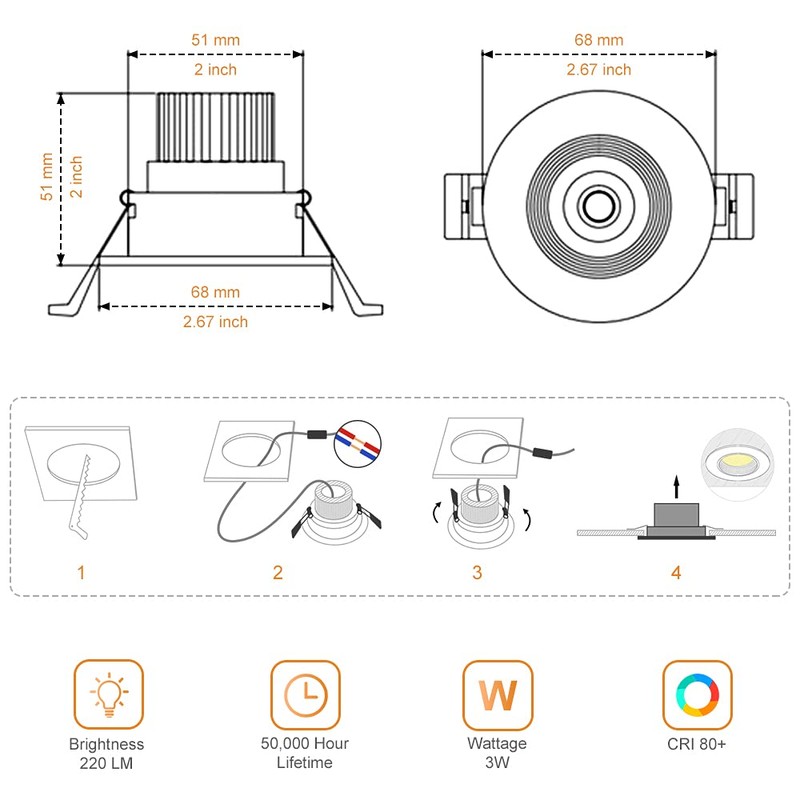 2Inch LED Recessed Ceiling Light, 3W Dimmable LED Downlight, Natural