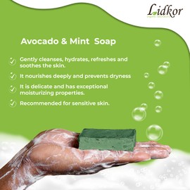 LIDKOR Feuchtigkeitsspendende Seife mit Avocado & Minze 100g - Reinigt und Pflegt die Haut - Hautpflege mit Olivenöl und Kokosöl - Handgemachte Naturseife als Festes Duschgel - Vegan Handseife