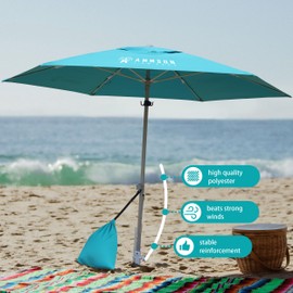 AMMSUN 8ft Large Beach Umbrellas for Sand Heavy Huty Wind Portable Commercial Grade Patio Beach Umbrella with Sand Anchor Adjustable Height Air Vent UPF 50+ Telescoping Pole without tilt Teal