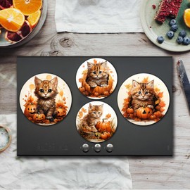Yellow Cats Picture Round Hob Covers Autumn Pumpkin 4-Piece Stove Plate Cooker Hob Covers for Cookers Maple Leaf Top Burner Gas Range Oven Protector Kitchen Accessories Cooktop Decorative Decor