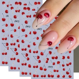 4Sheets Red Cherry Nail Stickers Fruit Nail Decals 5D Embossed Self-Adhesive Nail Decals Summer Red Cherries Nail Design Nail Art Supplies Summer Autumn Cherry Nails Decorations for Women DIY Manicure
