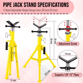 V Head Pipe Jack Stand, Heavy Duty Pipe Stand, 2500LB Jack Stands with Portable Folding Legs 28-52 Inch Height Adjustable 1/8"-12" Capacity,Yellow,Maual Included