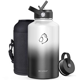 BUZIO 64oz Insulated Water Bottle with Straw Lid and Flex Cap, Stainless Steel Powder-Coat Water Flask, Keep Beverage Cold for 48 Hrs Hot for 24 Hrs Simple Thermo Canteen Mug, White and Black