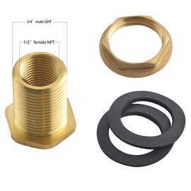 Carvedexquisitely 1/2" Female NPT and 3/4" Male GHT (Garden Hose Threaded) Solid Brass Water Tank Connector, Bulkhead Fitting With 2 Rubber Ring