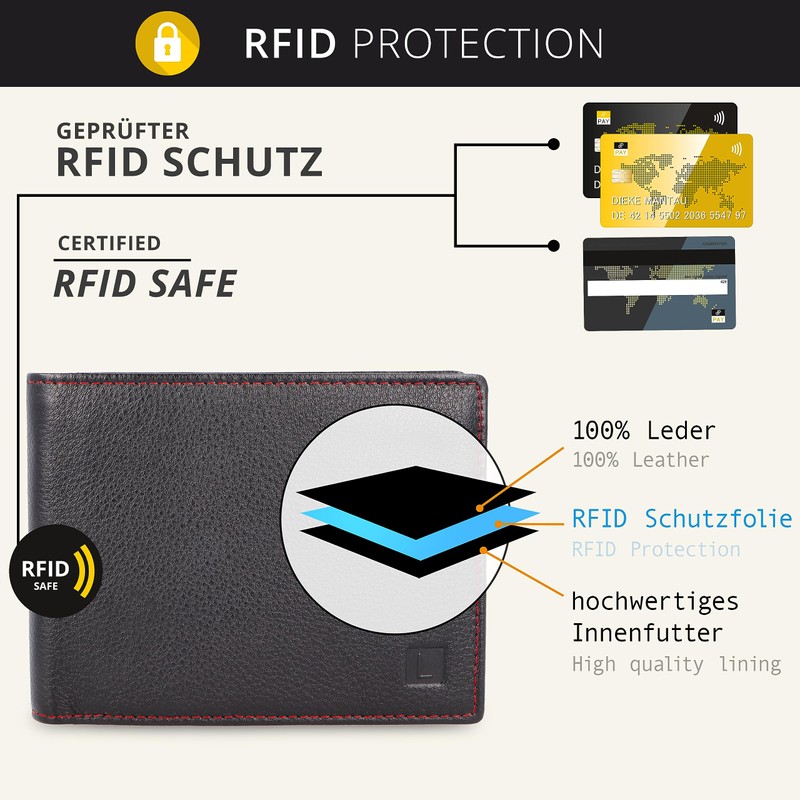 LEDEROW Men's Leather Wallet Black/Red – Landscape Format Wallet with