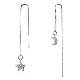 Sterling Silver Plated asymmetric AB Style CZ Moon and star Ear Line Threader Dangle Drop Earrings